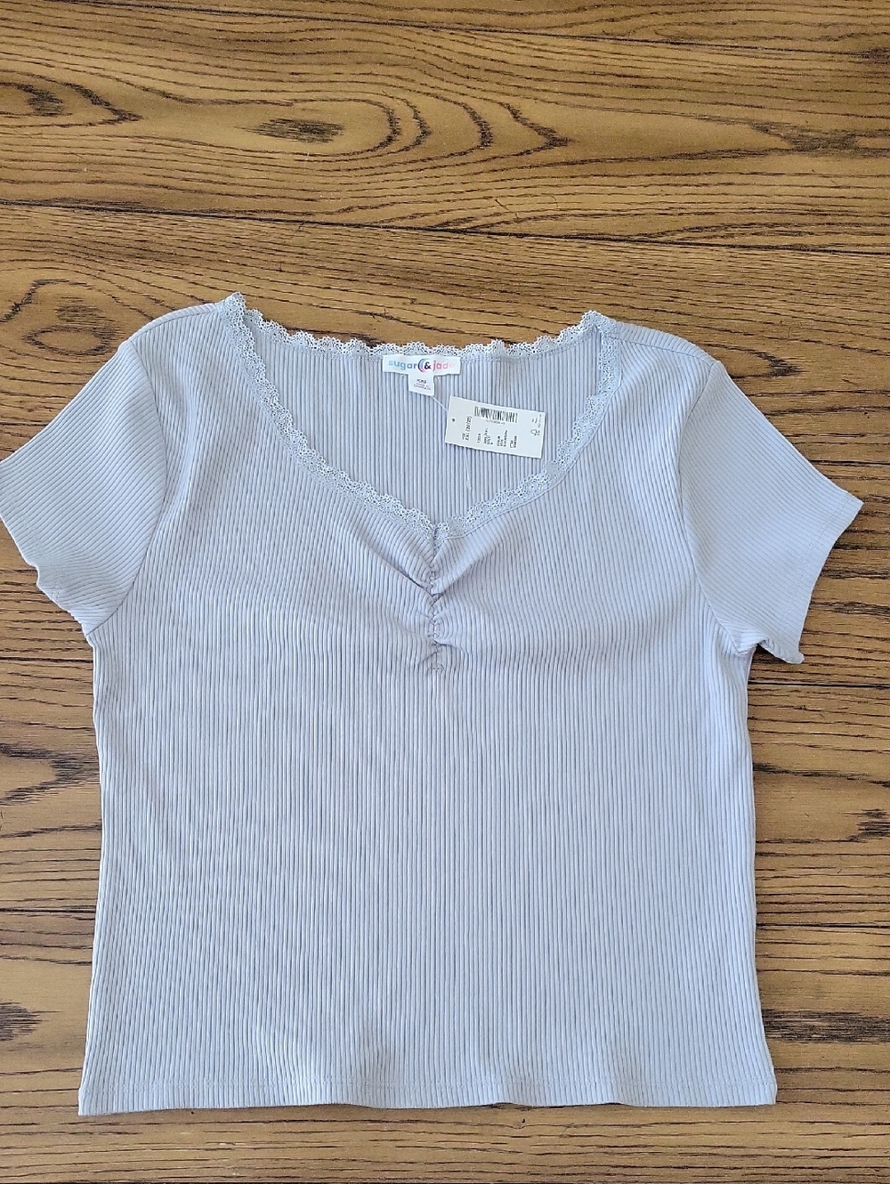 Girls Sugar & Jade Silkworm Ribbed Lace-Trim Short Sleeve Top Size XXL (20/22)